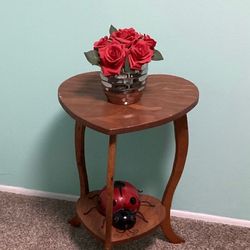 Wood Heart- Shaped Table with Shelf - Handmade