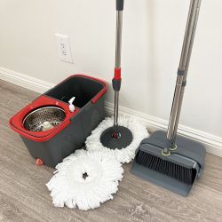 $30 (NEW) Broom Dustpan and Spin Mop Combo Set, Extended Handle w/ 2pc Microfiber Replacements 
