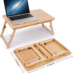 Laptop Desk Adjustable Bamboo Breakfast Serving Bed Tray with Drawer