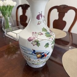 12.5” Chinese Porcelain Vase – Mandarin Ducks & Peony – Marked Base