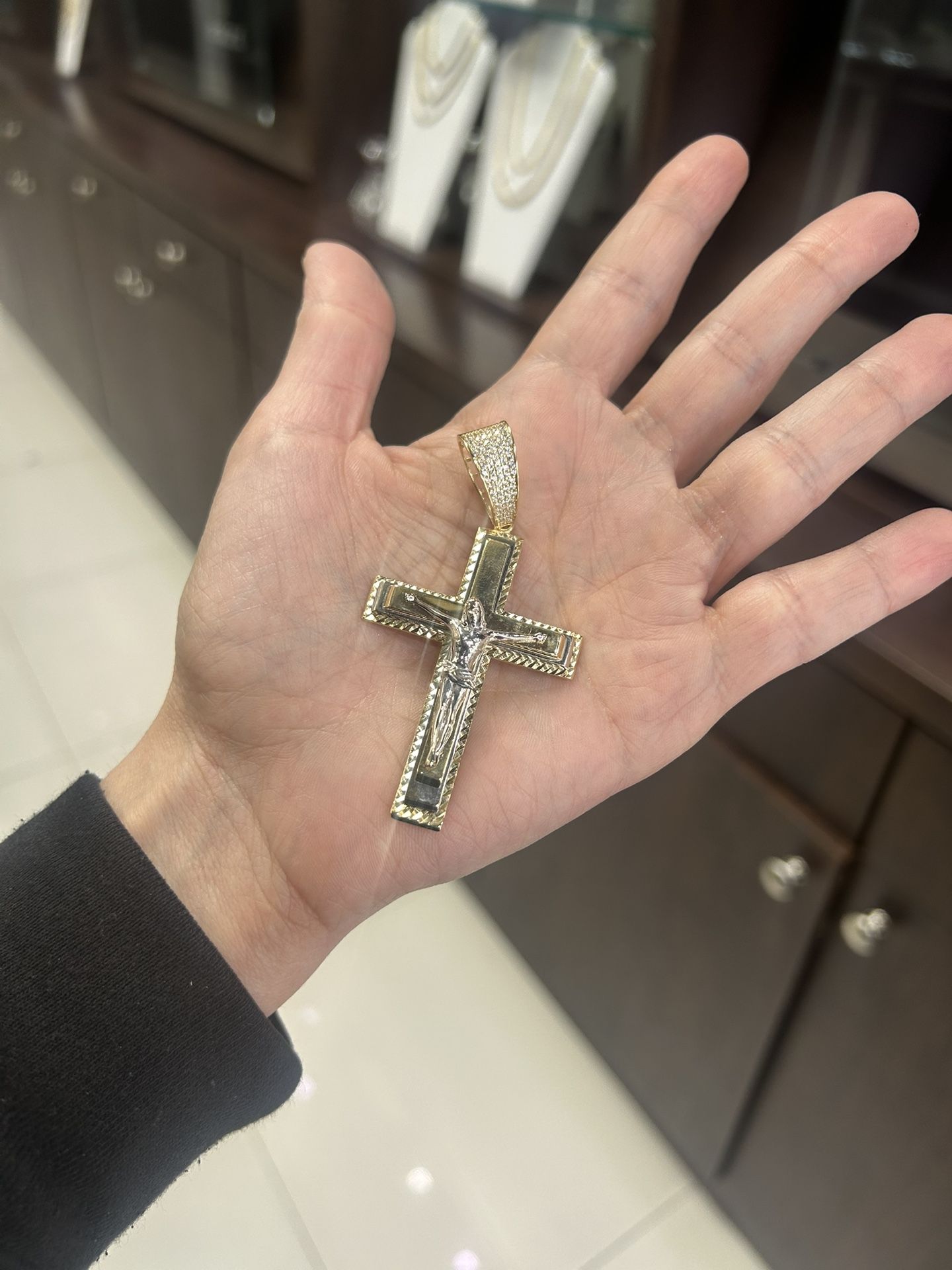 Pendant Charm Two Tone Gold 14k. Crucifix