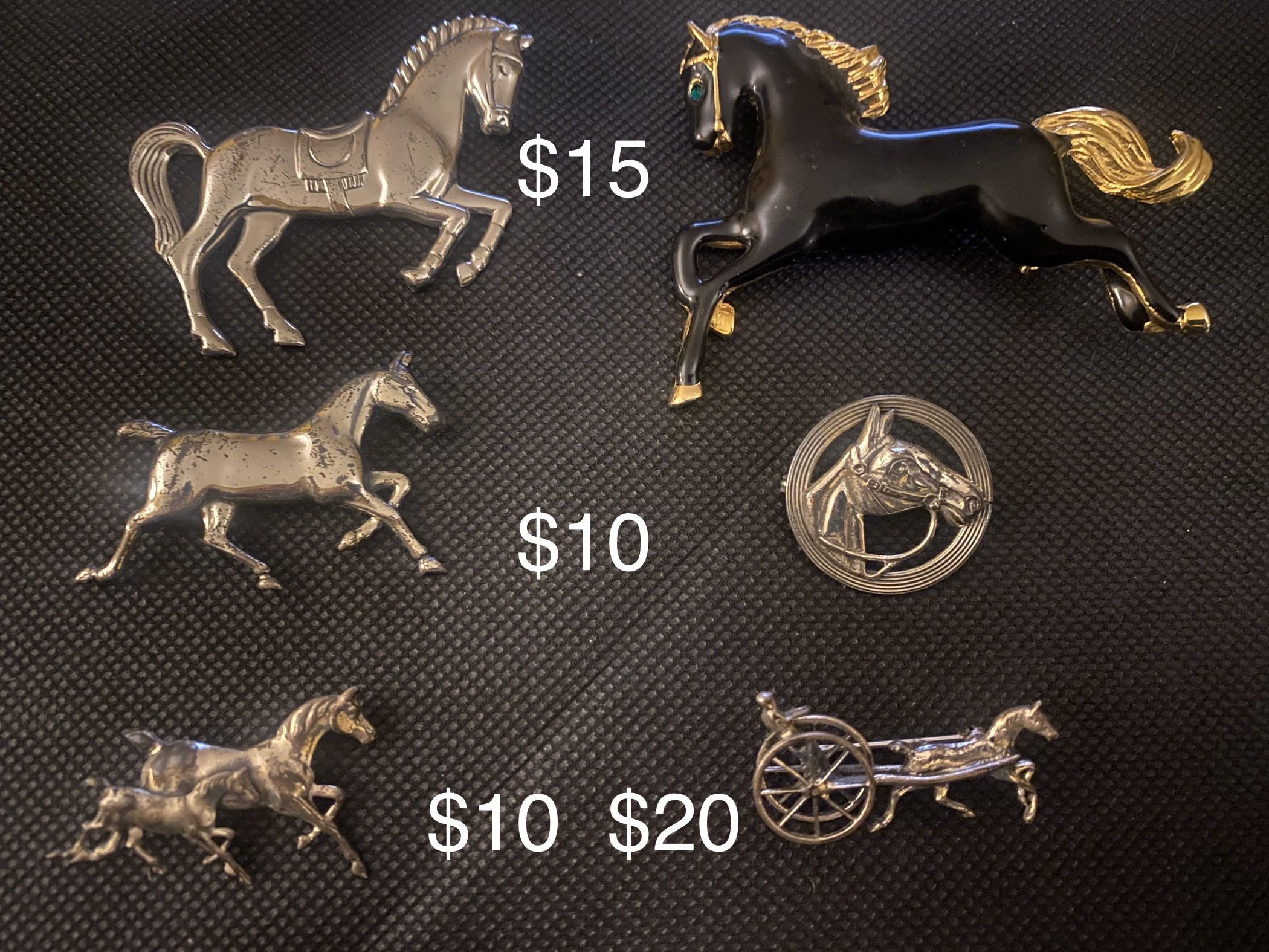 Sterling silver horse pins, top right enamel costume