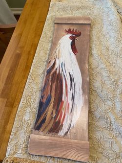 Wood particle board rooster long 24 x 7 inch wall hanging. Farmhouse/ cottage / rustic. Hook on back