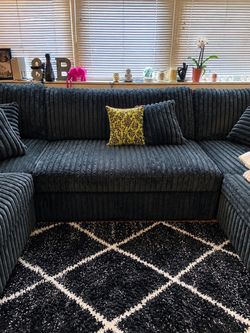 Midnight Blue Corduroy Sectional – Pull-Out Bed & Huge Storage!