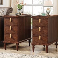 YS0173 set of 2 Wood End Table, Classic Nightstand with 3 Wooden Drawers