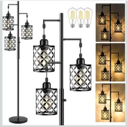 68" Industrial Tree Floor Lamp, Dimmable Farmhouse Tall Standing Lamp with Quatrefoil Cutout Shades & Rotary Dimmer Knob, Corner Light for Living Room