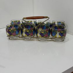 Vintage 60s set of 8 Glasses with Stained Glass effect and Golden Holder With Wood (details in the photos)