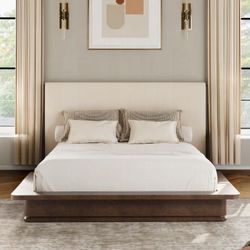 Frame Queen Platform bed Cream linen , Brown Oak finish, New Especial price
