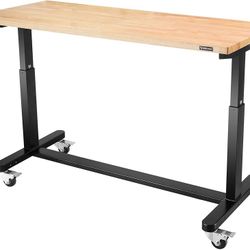 WORKPRO 60” Height Adjustable Work Table with Crank Handle and Casters, 60” x 24” Wooden Top Standing Desk Workbench, Heights from 29”-38”, 500 Lbs Lo