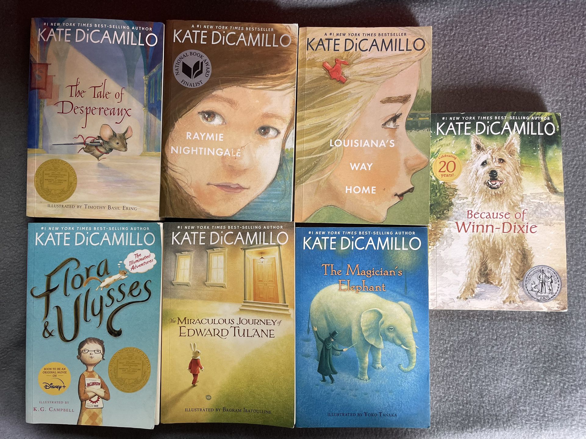 Kate DiCamillo book set, The tale of despereaux, Raymie Nightingale, Louisiana’s Way home, The Magicians Elephant, Because of Winn-Dixie, The Miraculo