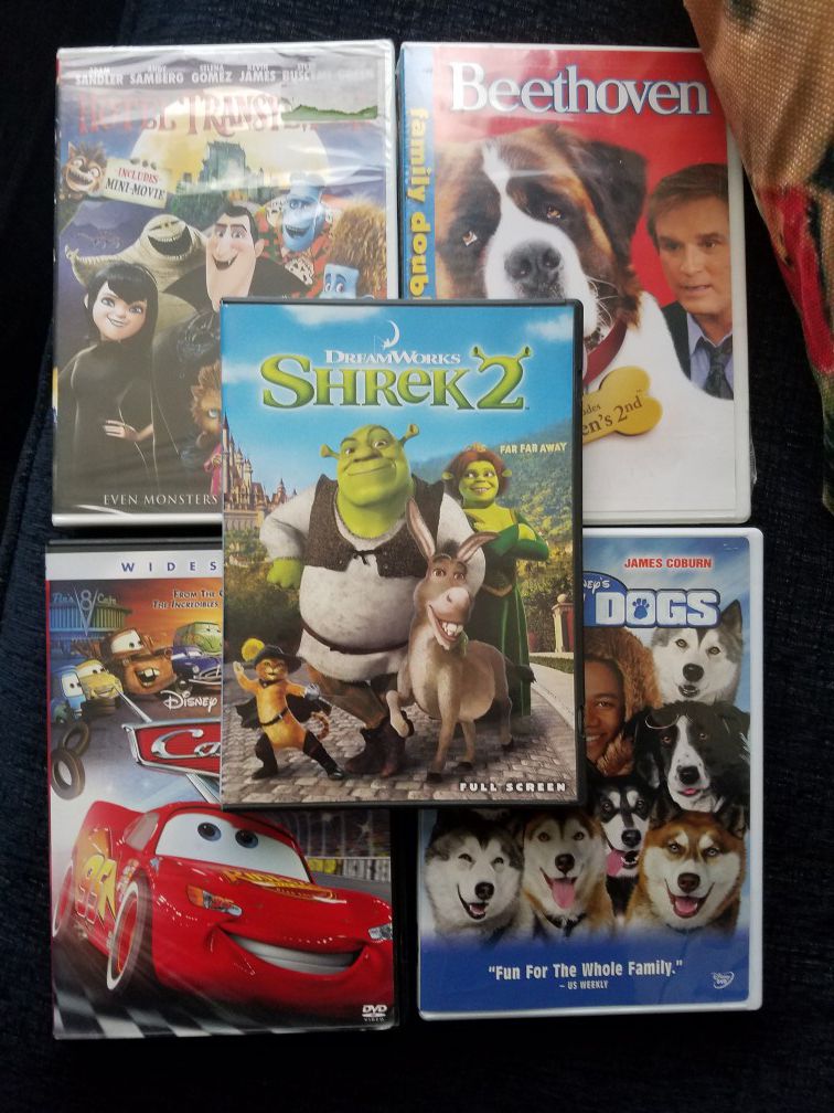 Shrek 2...cars...snow dogs...Beethoven 1 and 2..and hotel transylvania dvds