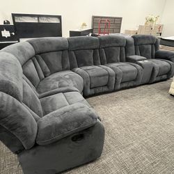 Gray Sofa Sectional Reclining Set W/ Cup Holder - EZ $10 Down Payment Options Available 