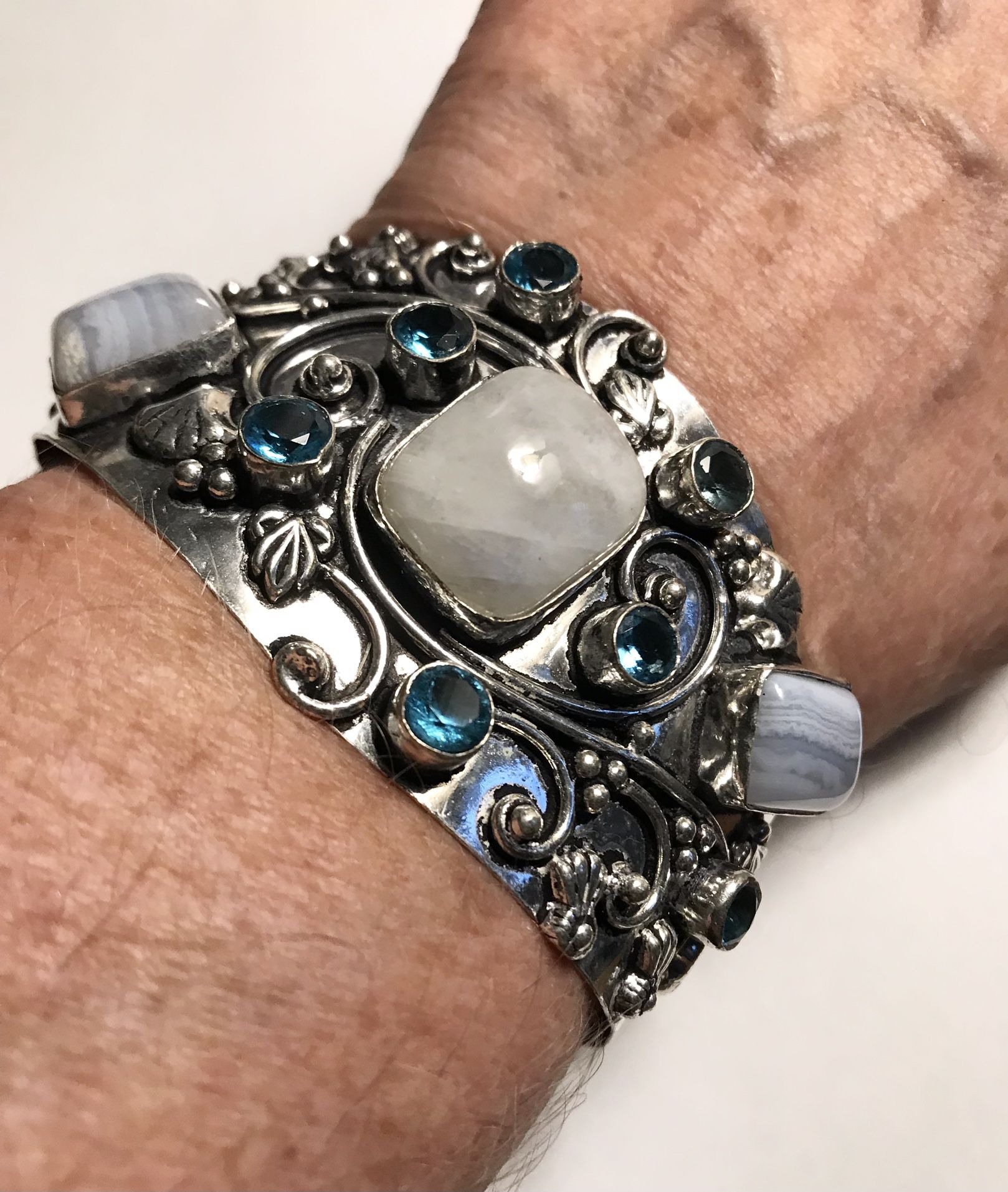 Owhyee Opal Blue Topaz Moonstone 925 Sterling Silver Cuff Bracelet