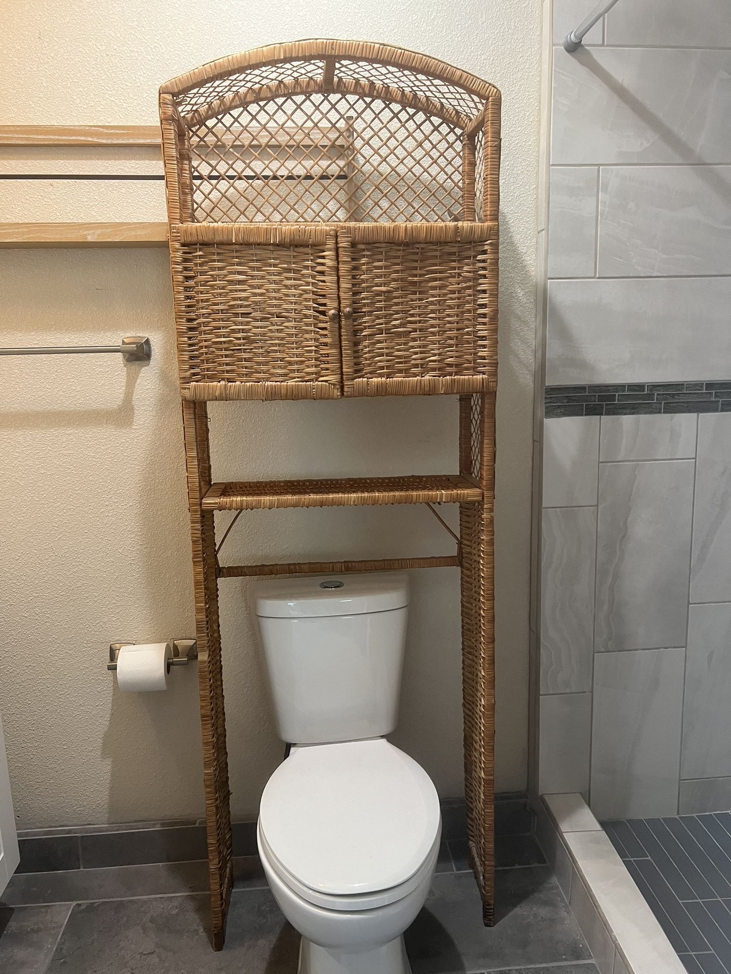 vintage Over the Toilet Wicker Storage Cabinet, Rattan