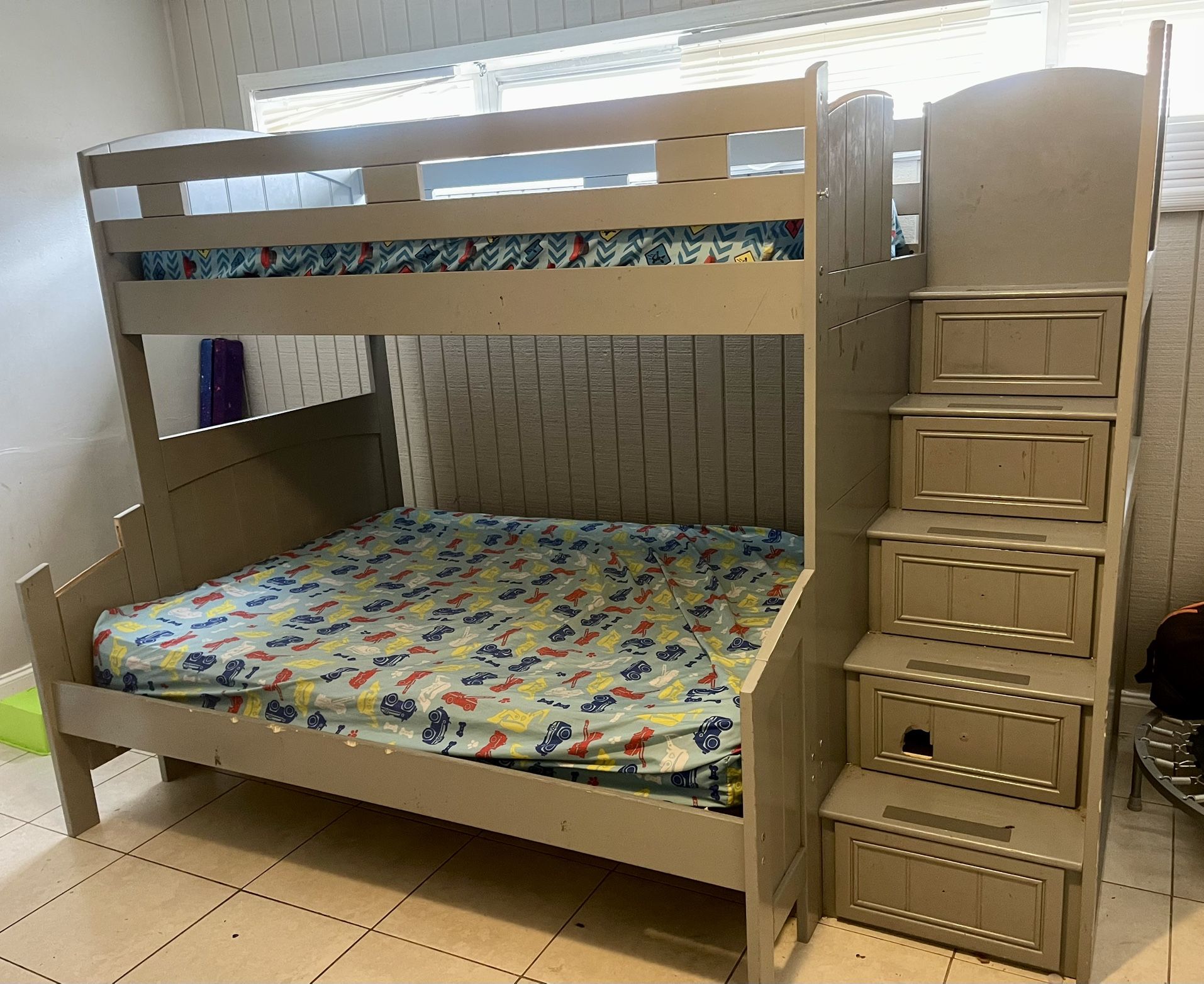 Grey Bunk Bed With Staircase And Drawers