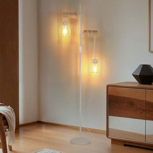 65 in. White Wood Retro 2-Light Standard Tree Floor Lamp with Iron Cover Shade with Dual Switch for Living Room Bedroom