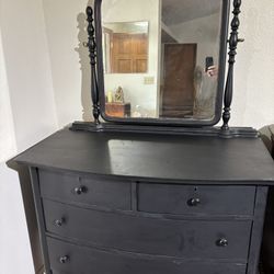 1940’s Solid Wood Dresser with Mirror- Black