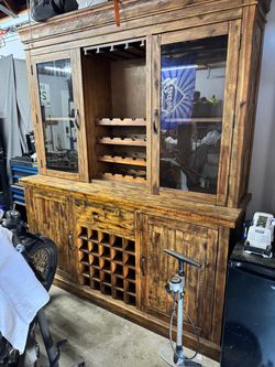 Rustic Wood Bar Cabinet Hutch with Wine Rack