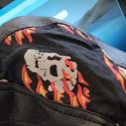 New Black Leather Du Rag With Flaming Skulls. Motorcycle Bandana 
