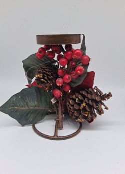 Christmas Holiday Faux Poinsettia Decorative Metal Candle Holder