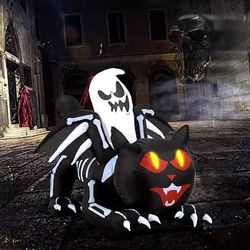 NEW Halloween Skeleton Cat with Ghost Airblown Inflatable