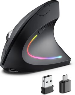 Ergonomic Wireless Rechargeable Mouse, Bluetooth+USB A+Type C(3 in 1) Connection, 5 Levels Up to 4800 DPI, 6 Silent Buttons, 2.4GHz Carpal Tunnel Vert
