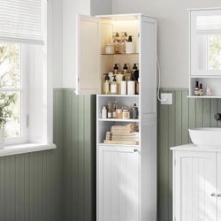 Tall Bathroom Cabinet with Lights, Slim Freestanding Bathroom Storage Cabinet with Adjustable Shelves, for Small Spaces, Modern, 15.7 Inch