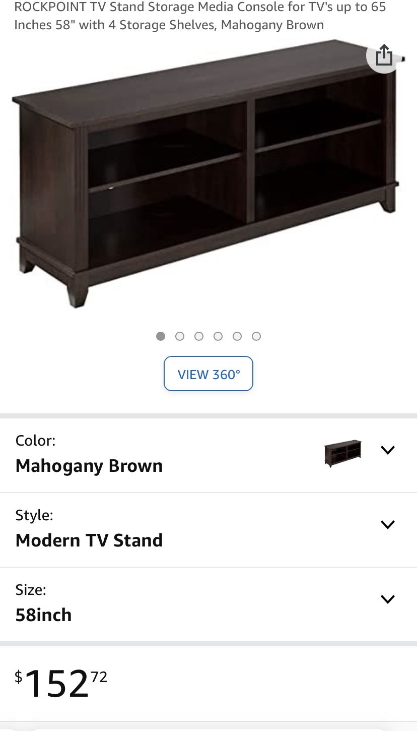 ROCKPOINT TV Stand Storage Media Console for TV's up to 65 Inches 58" with 4 Storage Shelves, Charcoal