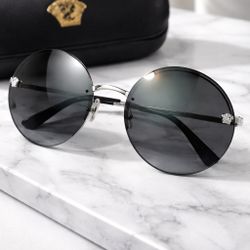 Used Versace VE2176 Black and Silver Round Rimless Sunglasses Authentic 