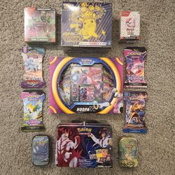 Sealed Pokemon Lot 38 Booster Packs Bundle ETB Box Sleeved Collectors Chest Mini Tin 151 Surging Sparks Shrouded Fusion Strike Evolving Skies SM XY