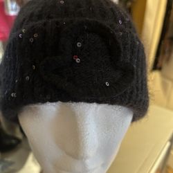 Moncler Black Sequin Wool Cuffed Beanie - 100% Authentic 