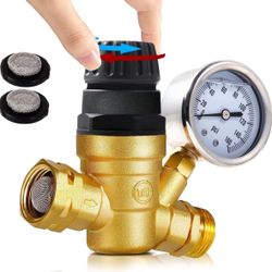 Handle Adjustable RV Water Pressure Regulator for RV Camper, Upgraded Brass Lead-Free RV Water Pressure Regulator with Gauge and 2 Inlet Screened Filt