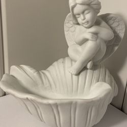 Vintage Angel Cherub figurine sitting over Shell bowl White bisque porcelain