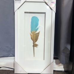 Framed Feather Wall Art Gold & Blue – Modern Minimalist Decor – Neutral Luxury Wall Art