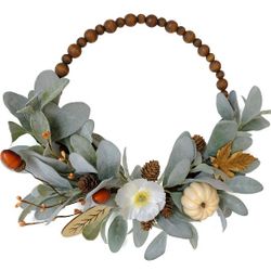 16" Fall Wood Bead Rabbit Ear Leaf Front Door Wreath, Artificial Pumpkin Wood Slice Fall Wreath Fall Harvest, Thanksgiving Party Decor, Indoor and Out