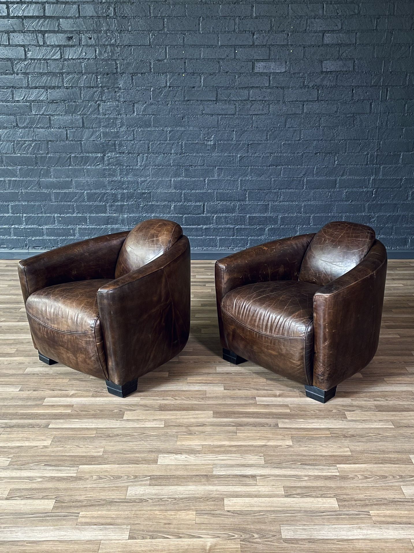 Pair of French Contemporary Art Deco Style Leather Club Chairs
