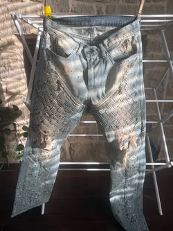 Anonymous Men's Distressed Paint-Splatter Moto Biker Jeans - Size 32