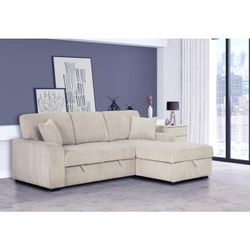 Taupe RHF Chaise Corduroy Sectional Sofa w/Storage & Pull Out
