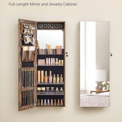 Jewelry Cabinet Armoire, Wall or Door Mount Storage Organizer with Full-Length Mirror, Lockable Cabinet with Built-in Small Mirror, Shelves, Gift Idea