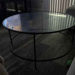 Round Glass Coffee Table – Modern Black Metal