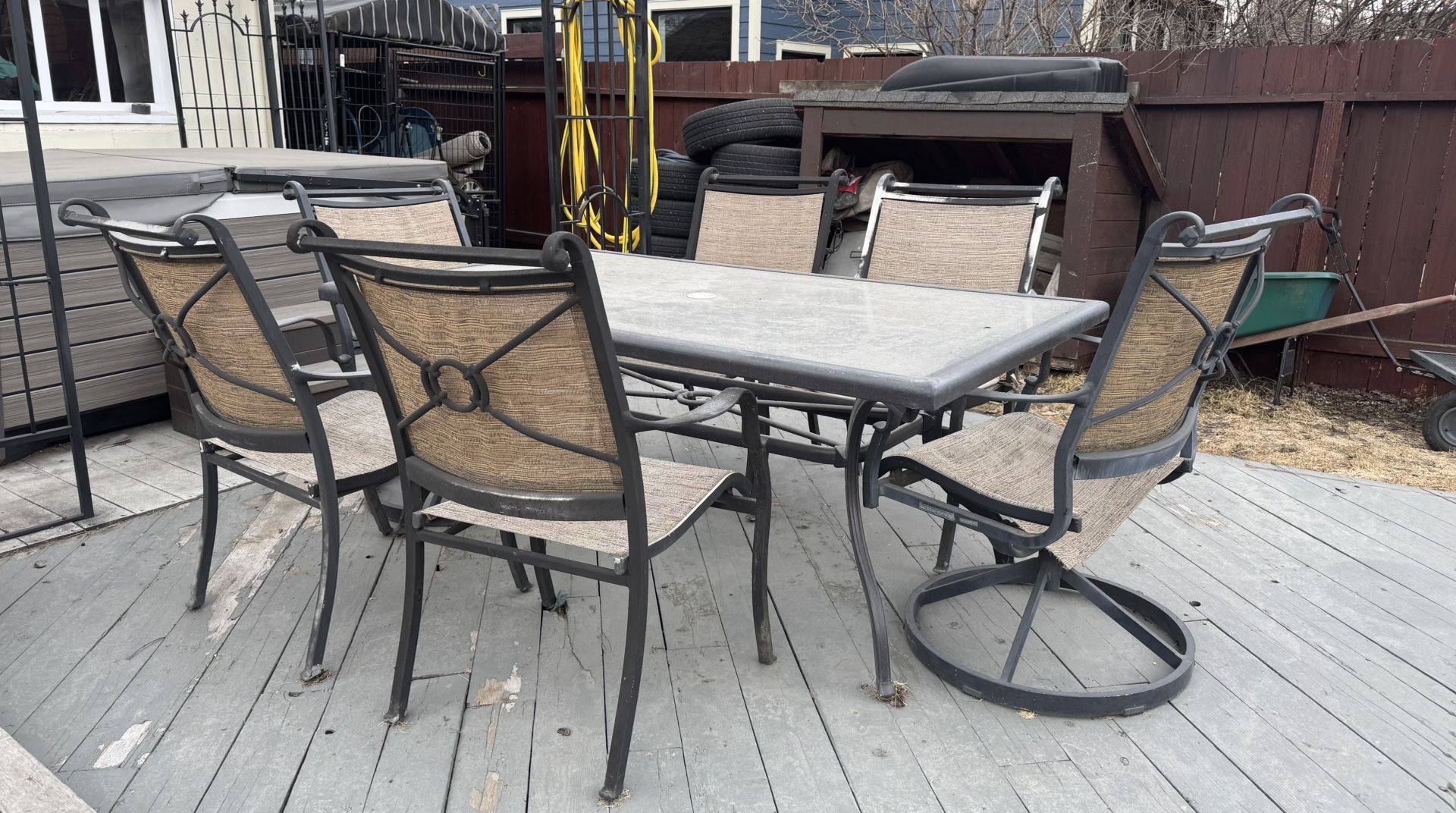 7-Piece Wrought Iron Outdoor Dining Set + Gazebo Frame + Deck Base – $200 OBO