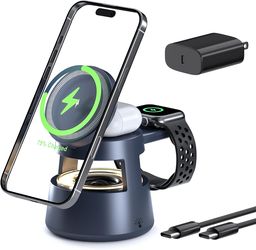 3 in 1 Charging Station,Magnetic Wireless Charger with Night Light & Speaker for Apple MagSafe Charger Stand,Foldable Nightstand Charging Station for 