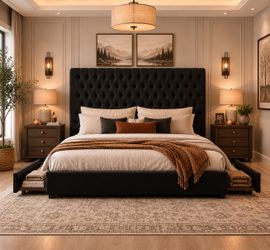 Queen Size Bed Frame 54" Tall Headboard with Gorgeous Button Tufted and Nail, Velvet Fabric Upholstered Bed Frame includes 4 Under-bed Storage Drawers