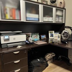 L-shaped desk with cabinet hutch