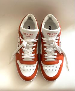 PRADA Men’s Downtown leather sneakers Orange/White Size US 10 $350