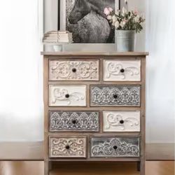 Rustic Carved Wood 8-Drawer Chest End Table
