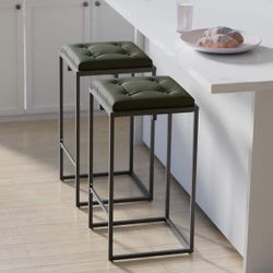 Assembled Modern Bar Stools Set of 2, Metal Frame Square Backless Bar Chairs with Tufted Faux Leather Upholstery, - as picture
