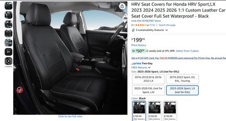 Honda HRV Sport, LX 2023-2026 Feinepro Car Seat Cover *Full Set* PU Leather Black