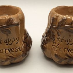 Two Gourds Votive Ceramic Pottery Fall Decor Glazed “Happy Harvest” Autumn - EUC