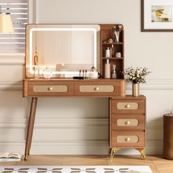 Homy Casa Kalmar 47" Vintage Walnut Vanity Desk with 5 Drawers and Lighted Mirror